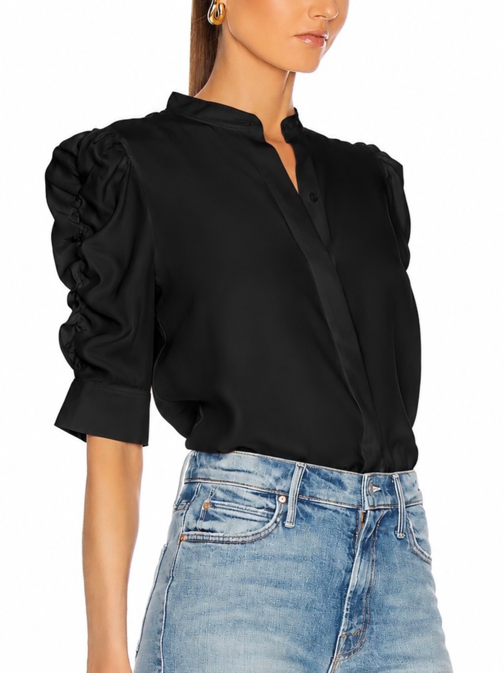 Frame 100% Silk Shirred Sleeve Button Up Top L Noir Quiet Luxury Minimalist